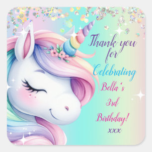 Sparkle Pastel Rainbow Unicorn Verjaardag Uitnodig Vierkante Sticker
