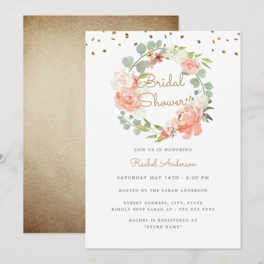 Sparkle Peach Gouden Krans Bruidsdouche Kaart (Voorkant / Achterkant)