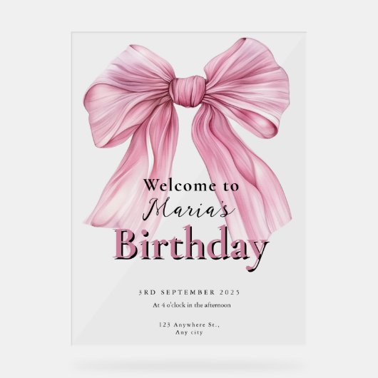 Sparkle Pink Coquette Bow 1st Acryl Bord (Voorkant)