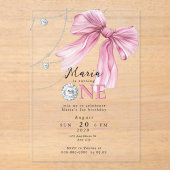 Sparkle Pink Coquette Bow 1st Acryl Uitnodigingen (Voorkant)