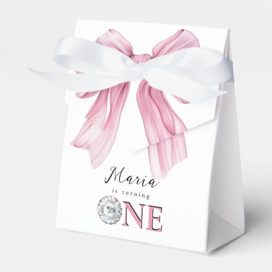 Sparkle Pink Coquette Bow 1st Bedankdoosjes (Voorkant Zijde)