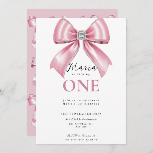 Sparkle Pink Coquette Bow 1st Kaart (Voorkant / Achterkant)