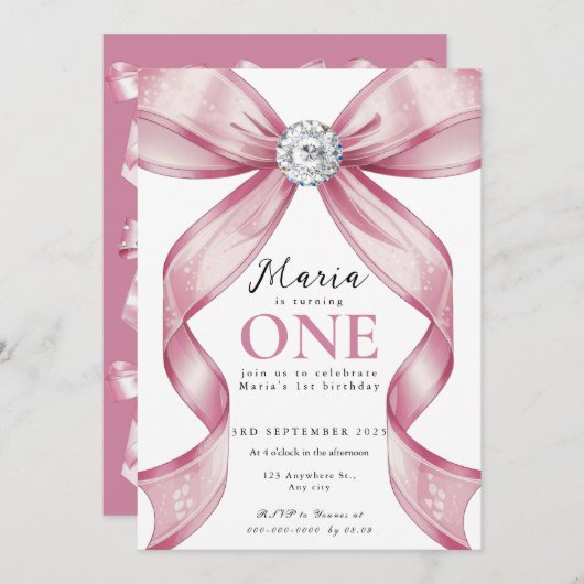 Sparkle Pink Coquette Bow 1st Kaart (Voorkant / Achterkant)