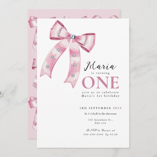 Sparkle Pink Coquette Bow 1st Kaart (Voorkant / Achterkant)