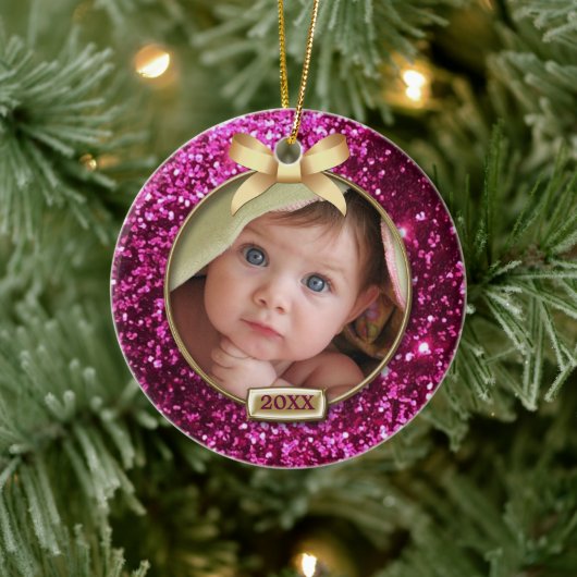 Sparkle Pink/Gold Bow-foto Keramisch Ornament (Boom)