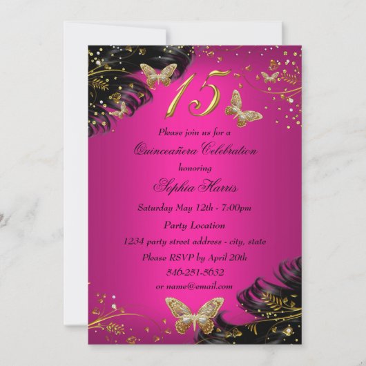 Sparkle Pink & Gold Butterfly Quinceanera Invite Kaart (Voorkant)