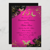 Sparkle Pink & Gold Butterfly Quinceanera Invite Kaart (Voorkant / Achterkant)
