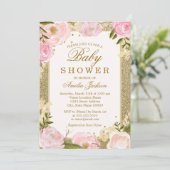 Sparkle Pink Gold Floral Baby shower Kaart (Staand voorkant)