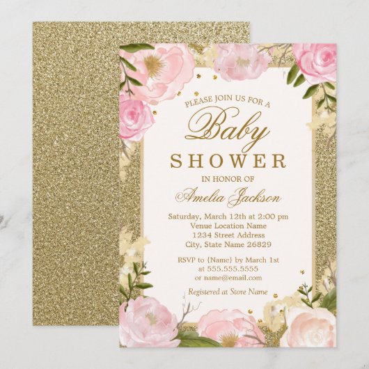 Sparkle Pink Gold Floral Baby shower Kaart (Voorkant / Achterkant)