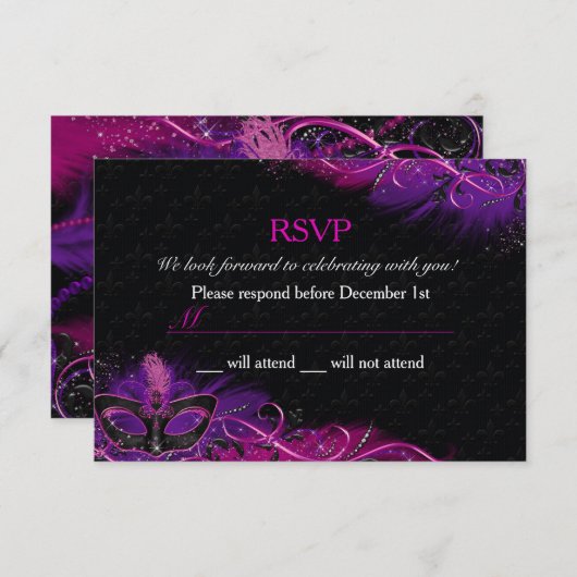 Sparkle Pink & Paarse Feather Mask Masquerade RSVP (Voorkant / Achterkant)