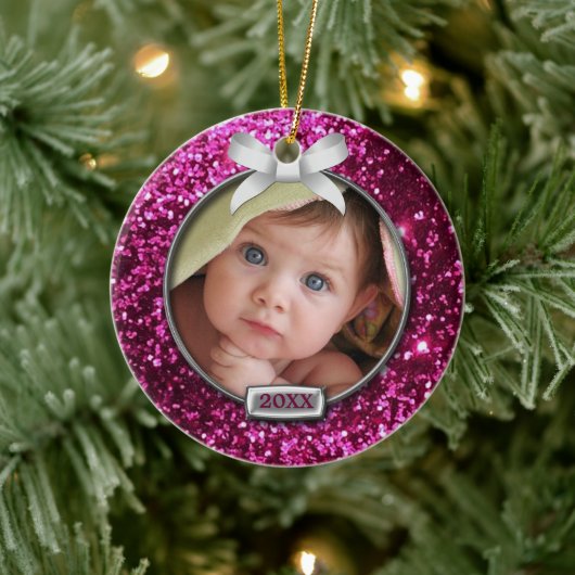 Sparkle Pink/Silver Bow Foto Keramisch Ornament (Boom)