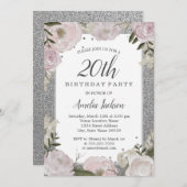 Sparkle Pink Silver Floral 20th Birthday Kaart (Voorkant / Achterkant)