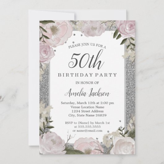 Sparkle Pink Silver Floral 50th Birthday Kaart (Voorkant)