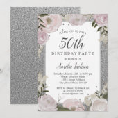 Sparkle Pink Silver Floral 50th Birthday Kaart (Voorkant / Achterkant)