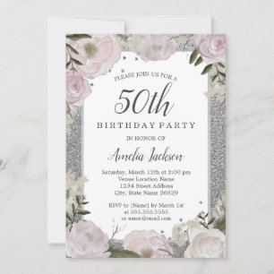 Sparkle Pink Silver Floral 50th Birthday Kaart