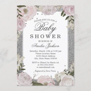 Sparkle Pink Silver Floral Baby shower Kaart