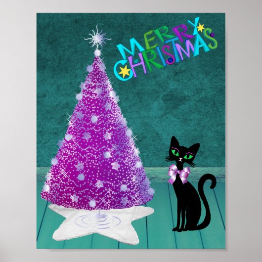 Sparkle Pink Silver Tree Merry Christmas Black Cat Poster (Voorkant)