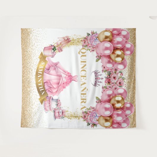 Sparkle Quinceañera Tapestry Pink Gold Glam Look Wandkleed (Voorkant (horizontaal))