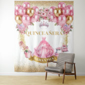 Sparkle Quinceañera Tapestry Pink Gold Glam Look Wandkleed (In situ)