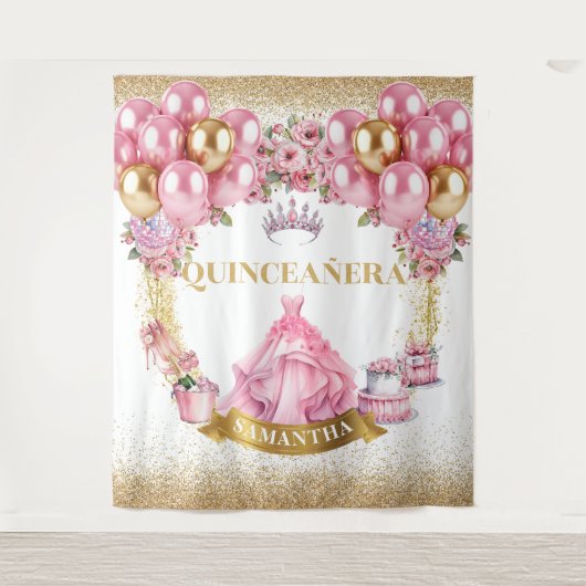 Sparkle Quinceañera Tapestry Pink Gold Glam Look Wandkleed (Voorkant)