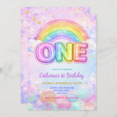 Sparkle Rainbow 1st Birthday Party Kaart (Voorkant / Achterkant)