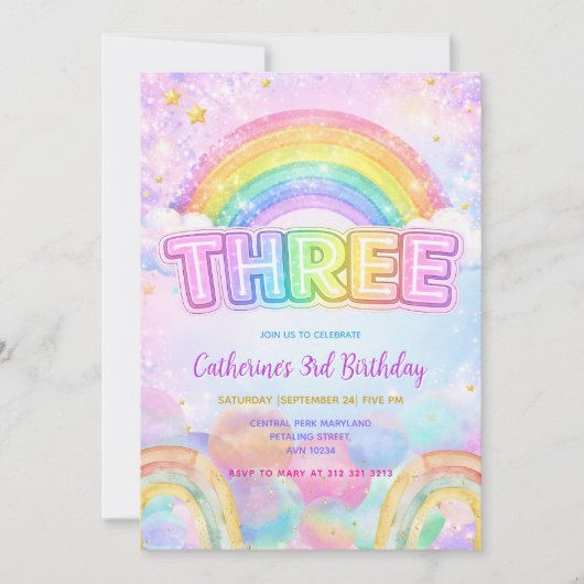 Sparkle Rainbow 3rd Birthday Party Kaart (Voorkant)