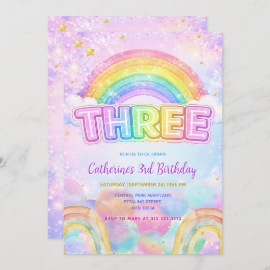 Sparkle Rainbow 3rd Birthday Party Kaart (Voorkant / Achterkant)