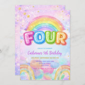 Sparkle Rainbow 4th Birthday Party Kaart (Voorkant / Achterkant)