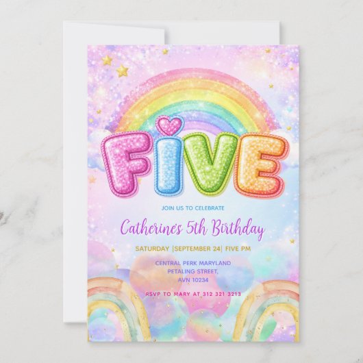 Sparkle Rainbow 5th Birthday Party Kaart (Voorkant)