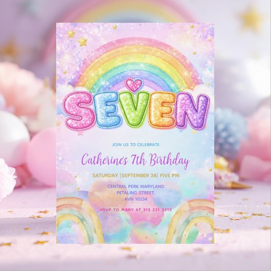 Sparkle Rainbow 7th Birthday Party Kaart