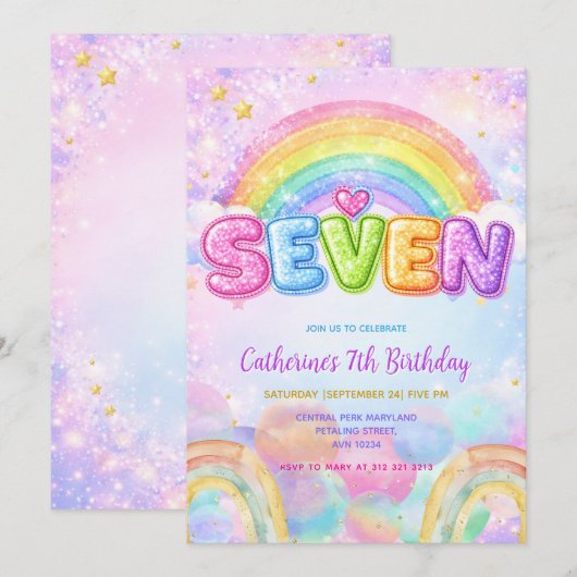 Sparkle Rainbow 7th Birthday Party Kaart (Voorkant / Achterkant)