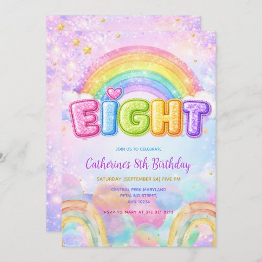 Sparkle Rainbow 8th Birthday Party Kaart (Voorkant / Achterkant)