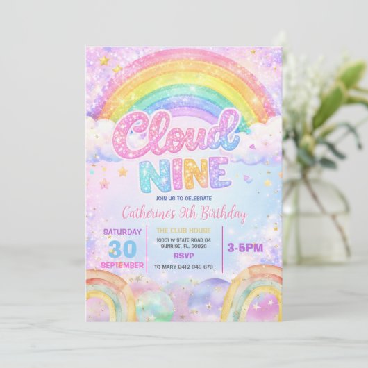 Sparkle Rainbow Cloud Nine Birthday Party Kaart (Staand voorkant)