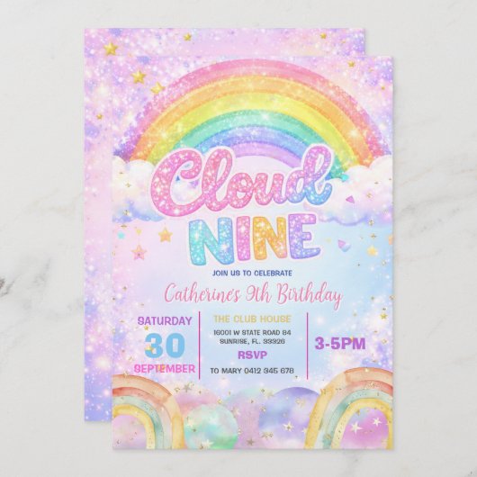 Sparkle Rainbow Cloud Nine Birthday Party Kaart (Voorkant / Achterkant)