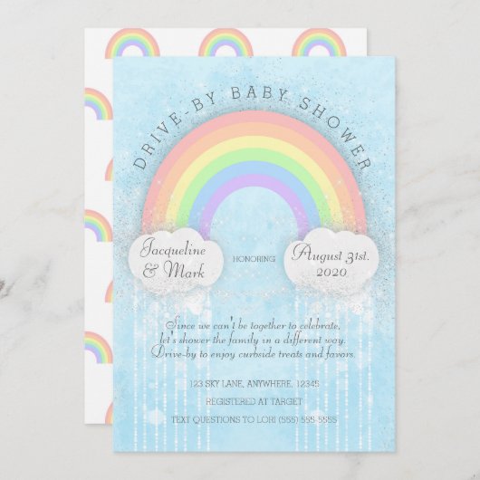 Sparkle Rainbow Drive-by Baby shower Invitation Kaart (Voorkant / Achterkant)