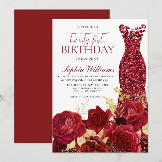 Sparkle Red Dress Rozen Gold 21e verjaardag Kaart (Voorkant / Achterkant)