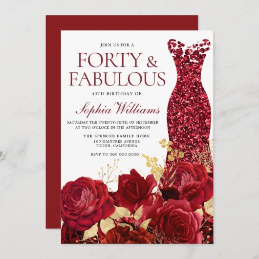 Sparkle Red Dress Rozen Gold Leaf 40th Birthday Kaart (Voorkant / Achterkant)