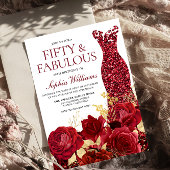 Sparkle Red Dress Rozen Gold Leaf 50th Birthday Kaart