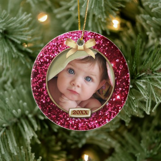 Sparkle Red/Gold Bow-foto Keramisch Ornament (Boom)
