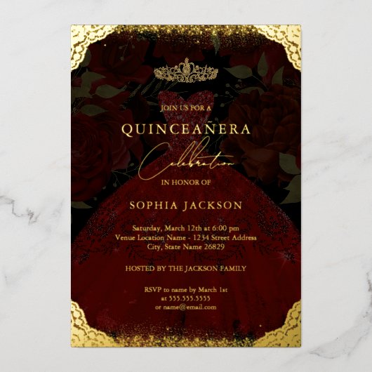 Sparkle Red Gold Dress Tiara Photo Quinceanera Folie Uitnodiging (Voorkant)