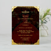 Sparkle Red Gold Dress Tiara Photo Quinceanera Folie Uitnodiging (Staand Voorkant)