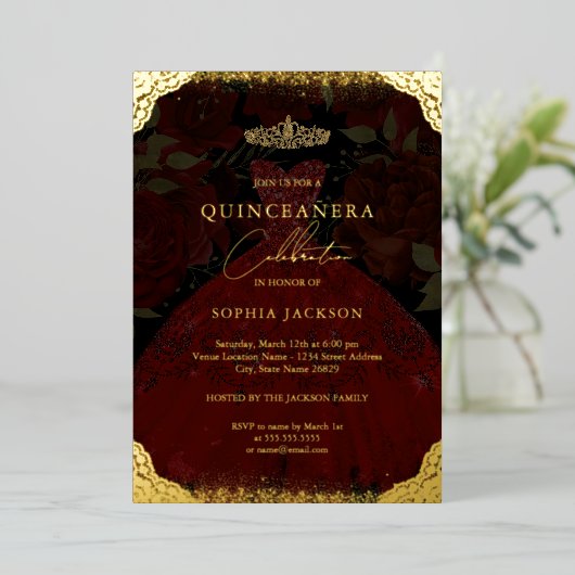 Sparkle Red Gold Dress Tiara Photo Quinceanera Folie Uitnodiging (Staand Voorkant)