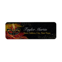 Sparkle Red & Gold Feather Mask Adresetiketten
