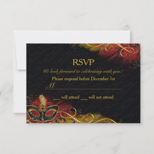 Sparkle Red & Gold Feather Mask Masquerade RSVP Kaart (Voorkant)
