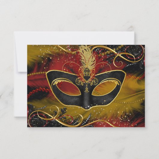 Sparkle Red & Gold Feather Mask Masquerade RSVP Kaart (Achterkant)