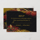 Sparkle Red & Gold Feather Mask Masquerade RSVP Kaart (Voorkant / Achterkant)