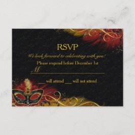 Sparkle Red & Gold Feather Mask Masquerade RSVP Kaart