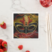 Sparkle Red & Gold Feather Mask Masquerade Servet (Insitu)