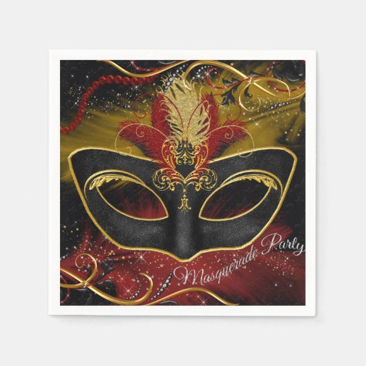 Sparkle Red & Gold Feather Mask Masquerade Servet (Voorkant)