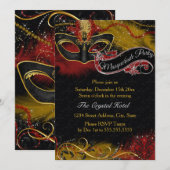 Sparkle Red & Gold Feather Mask Masquerade Uitnodi Kaart (Voorkant / Achterkant)